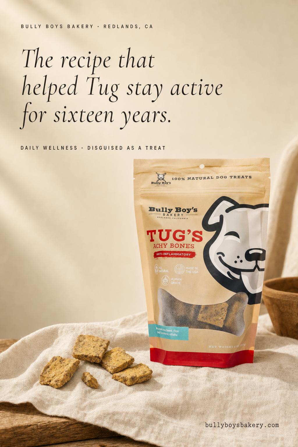 Tug's Achy Bones hero on warm linen with golden light. Headline: The recipe that helped Tug stay active for sixteen years.