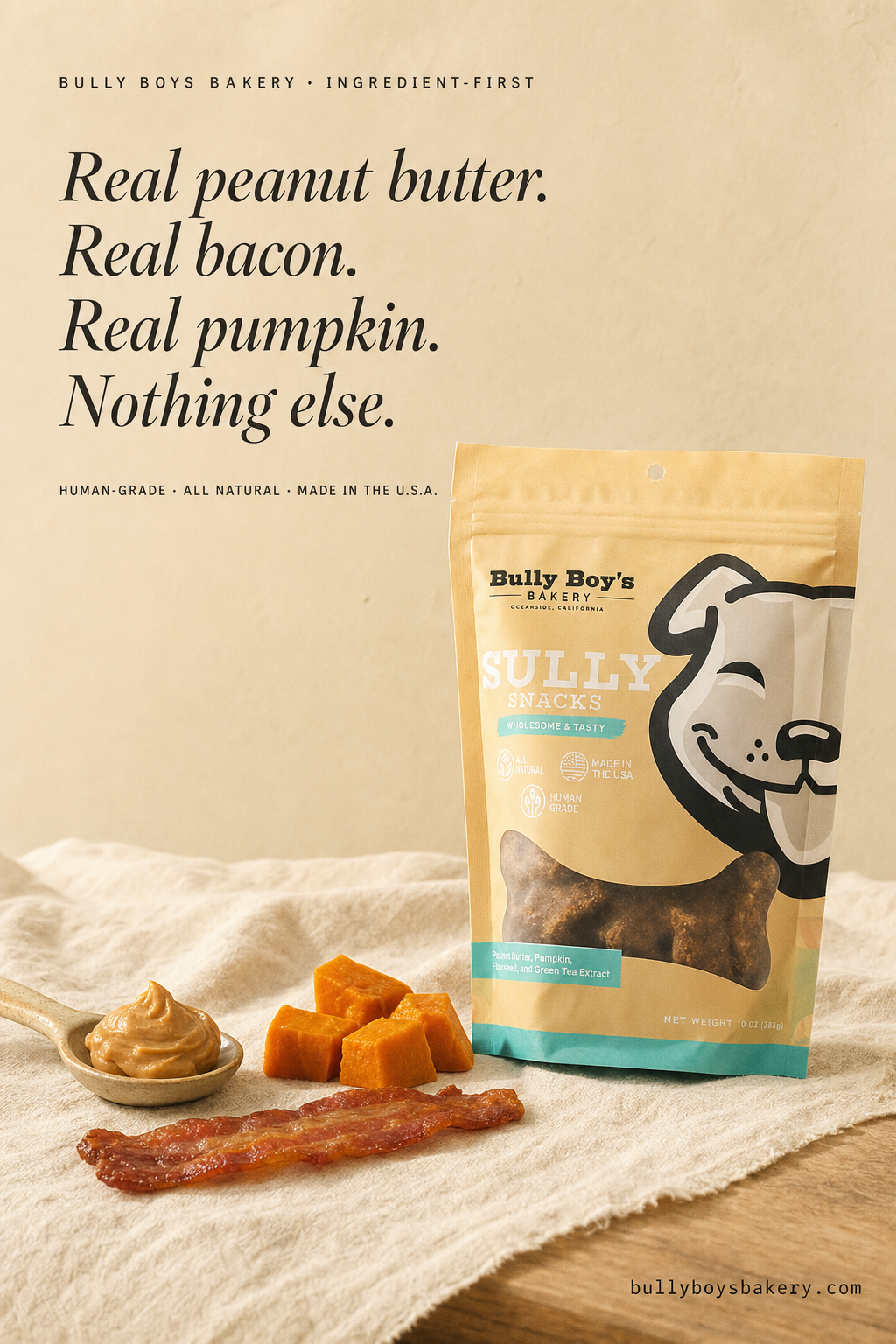 Sully's Snacks bag with peanut butter, bacon, and pumpkin still life. Headline: Real peanut butter. Real bacon. Real pumpkin. Nothing else.